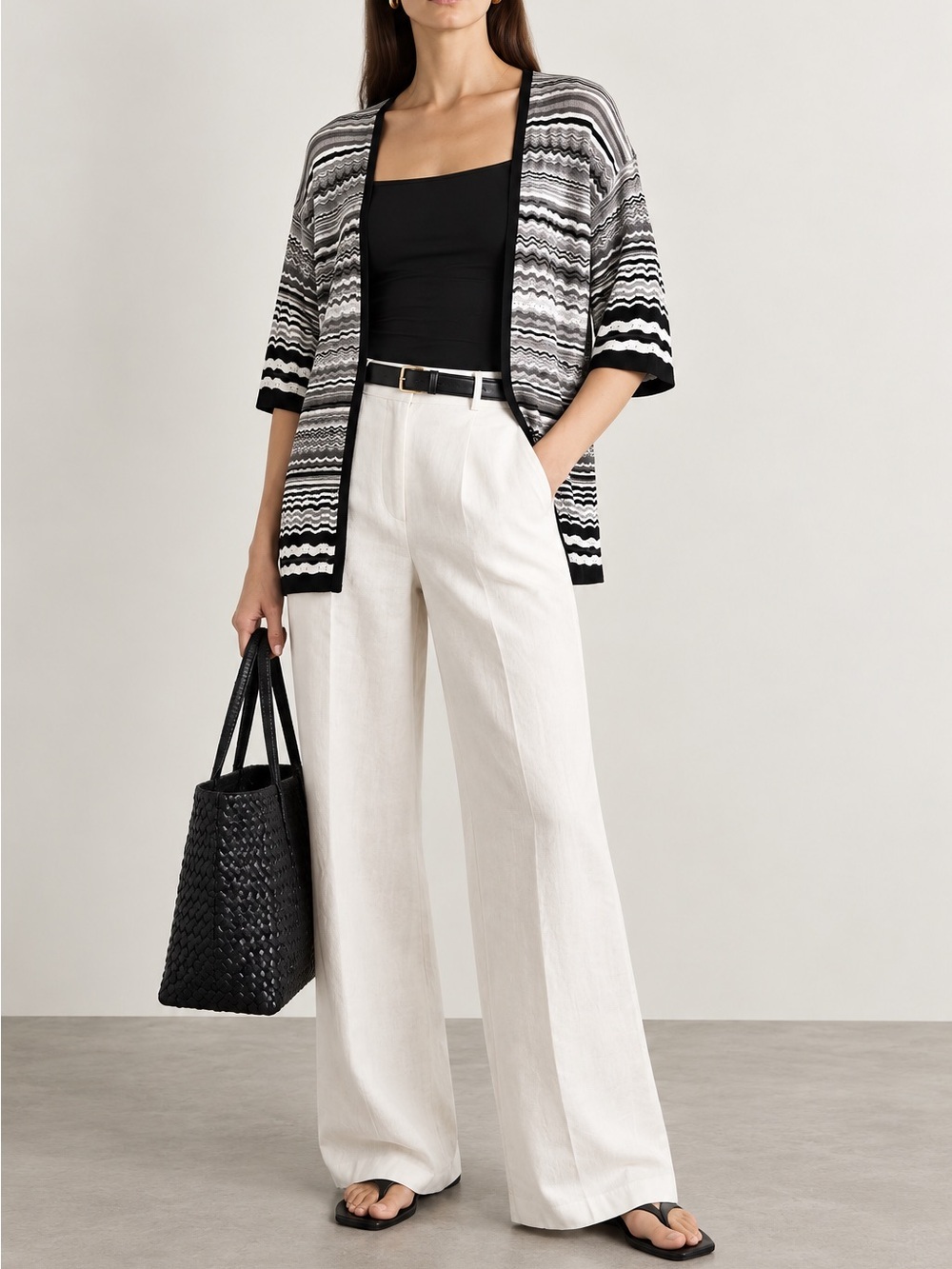 Verve Chevron Striped Zig Zag 3/4 Sleeve Missoni Black White Cardigan Size S